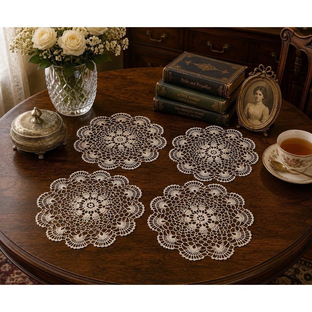Vintage Hand Crocheted Lace Doilies Set 9" Round Floral Scalloped Ivory Cottage